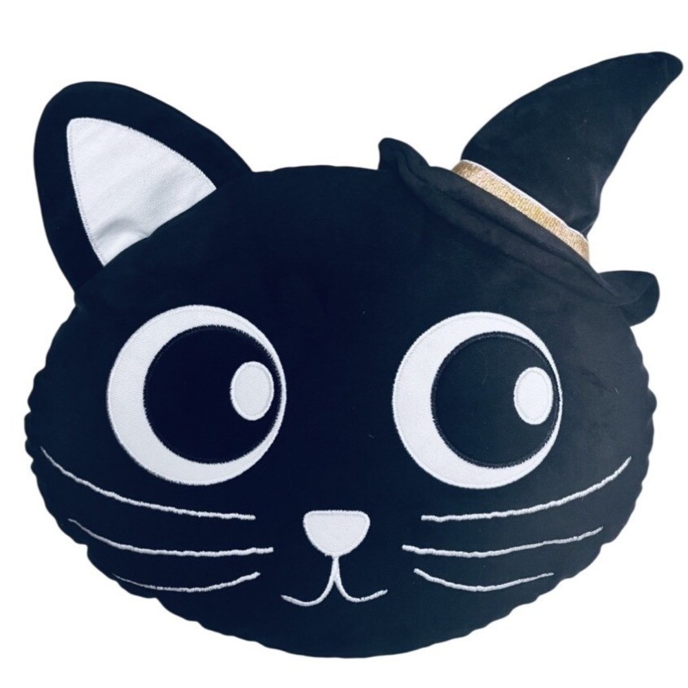 CAT FACE Decorative PILLOW BLACK with Halloween Hat on 12" x 11"